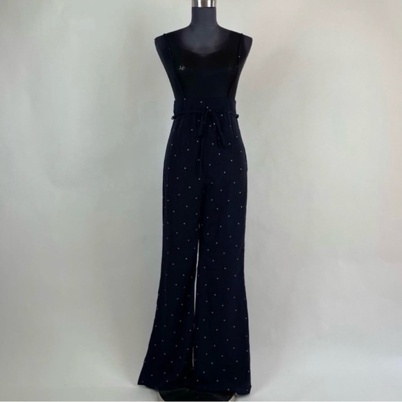 Navy Blue and White Stars Wide Leg High Waisted Overalls Palazzo Pants - Picture 3 of 11